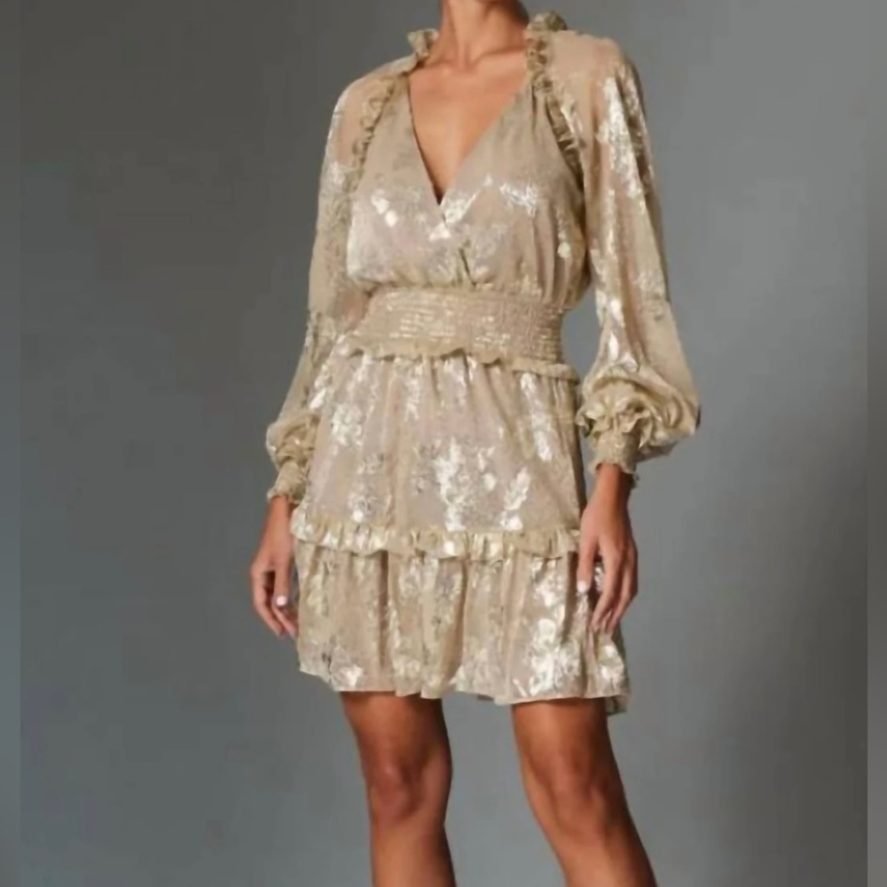Chic Gold Beige Floral Long Sleeve Dress